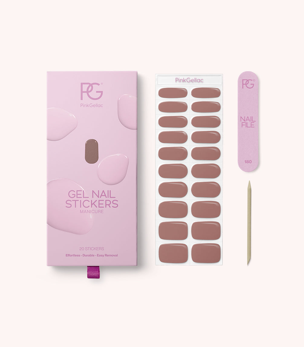 Pink Gellac 033 Earthy Brown gel nail stickers with sheet, nail file and cuticle stick.
