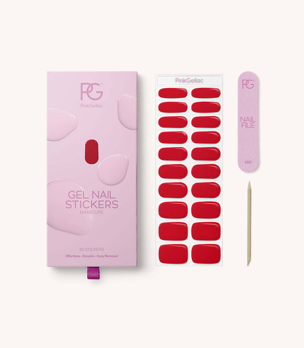 Pink Gellac 034 Rocking Red gel nail stickers with sheet, nail file and cuticle stick.