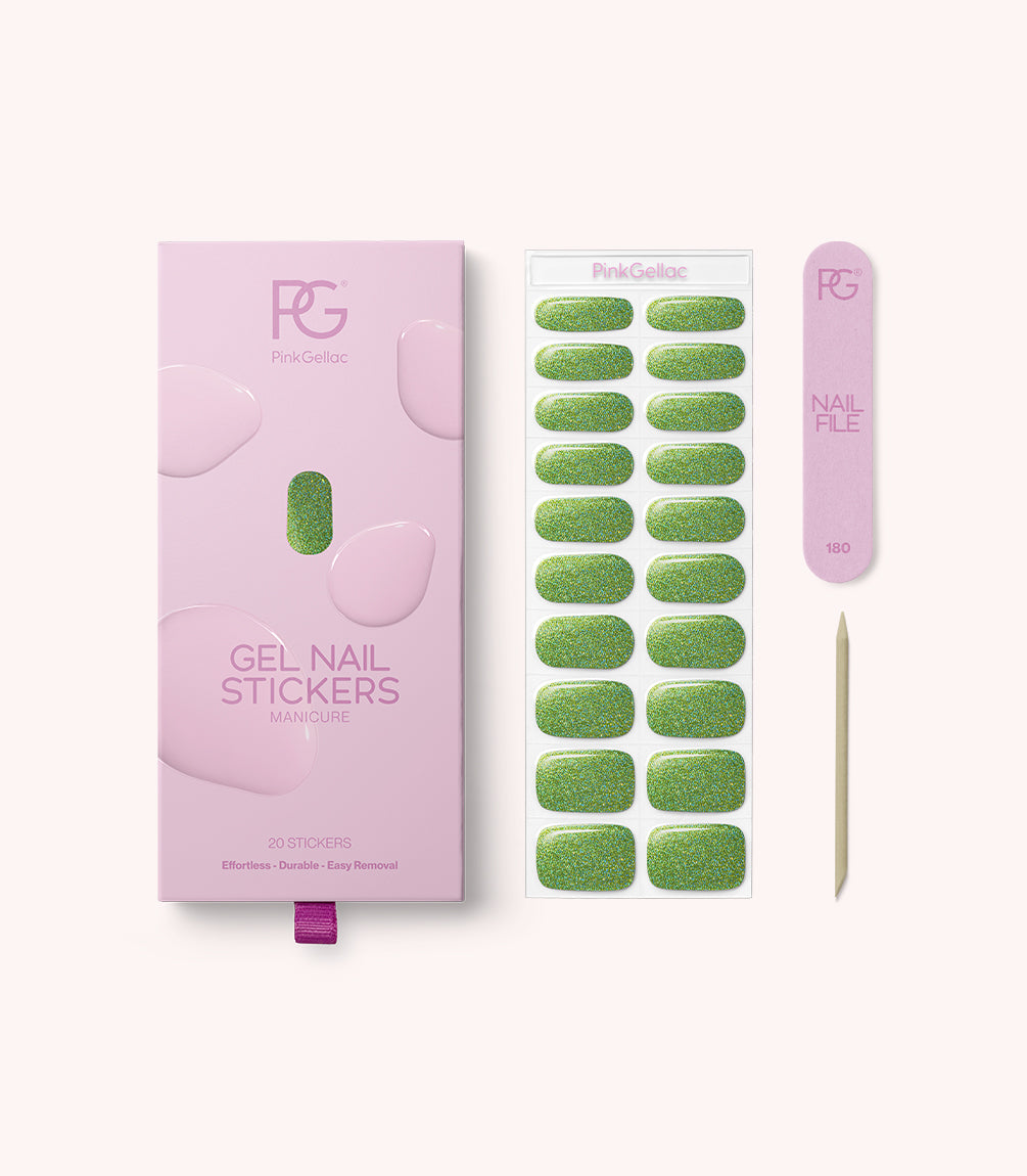 Pink Gellac 035 Sparkling Green gel nail stickers with sheet, nail file and cuticle stick.