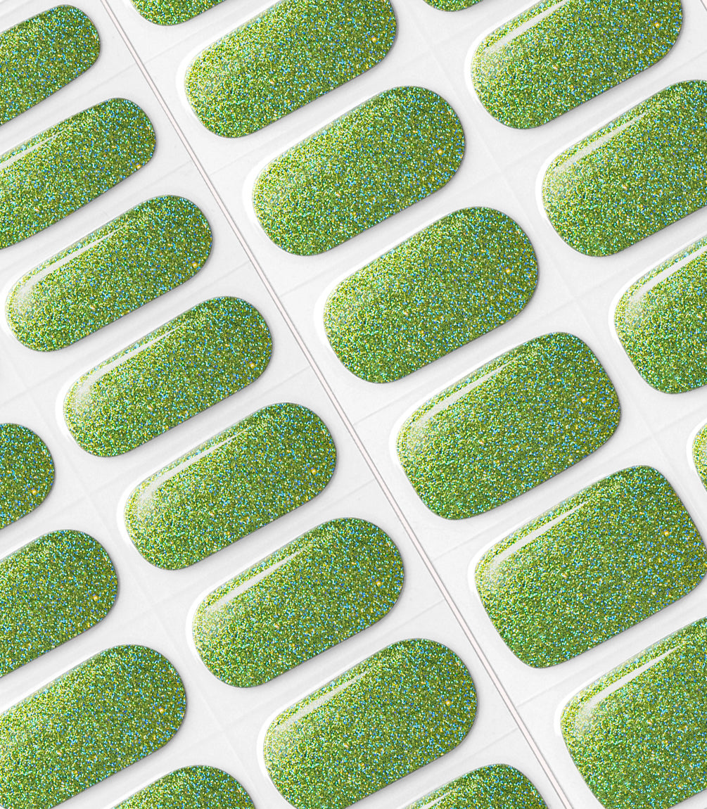 Close-up of the Pink Gellac 035 Sparkling Green gel nail sticker sheet.