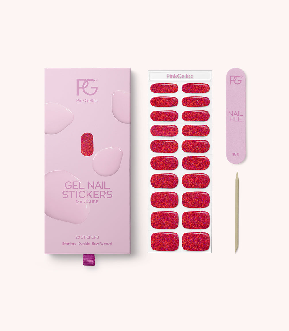 Pink Gellac 036 Sparkling Cherry gel nail stickers with sheet, nail file and cuticle stick.