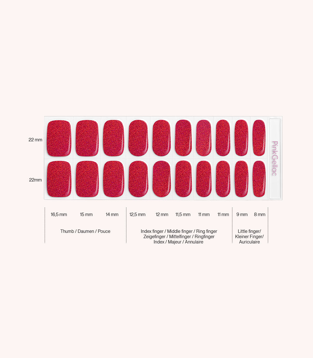 Pink Gellac 036 Sparkling Cherry gel nail stickers size guide with measurements per nail.