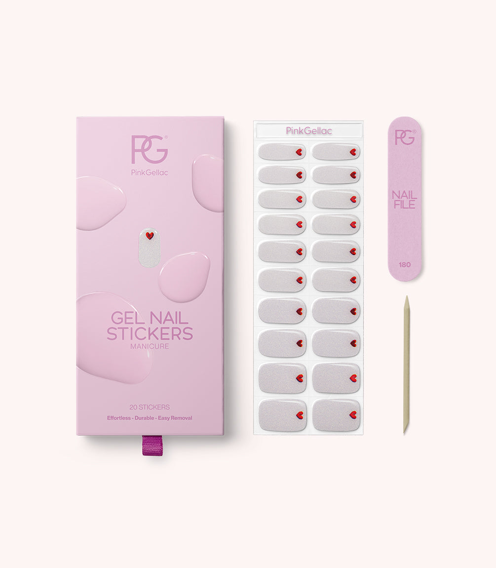 Pink Gellac 037 Loving Hearts gel nail stickers with sheet, nail file and cuticle stick.