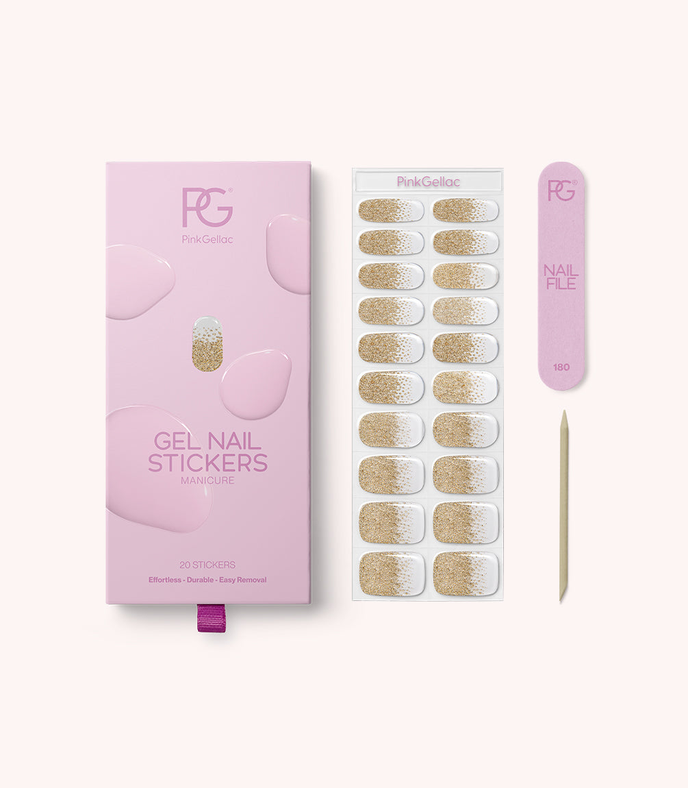 Pink Gellac 039 Golden Gradient gel nail stickers with sheet, nail file and cuticle stick.