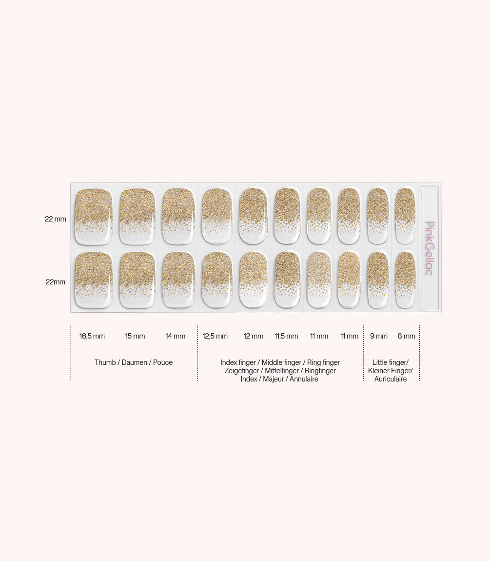 Pink Gellac 039 Golden Gradient gel nail stickers size guide with measurements per nail.