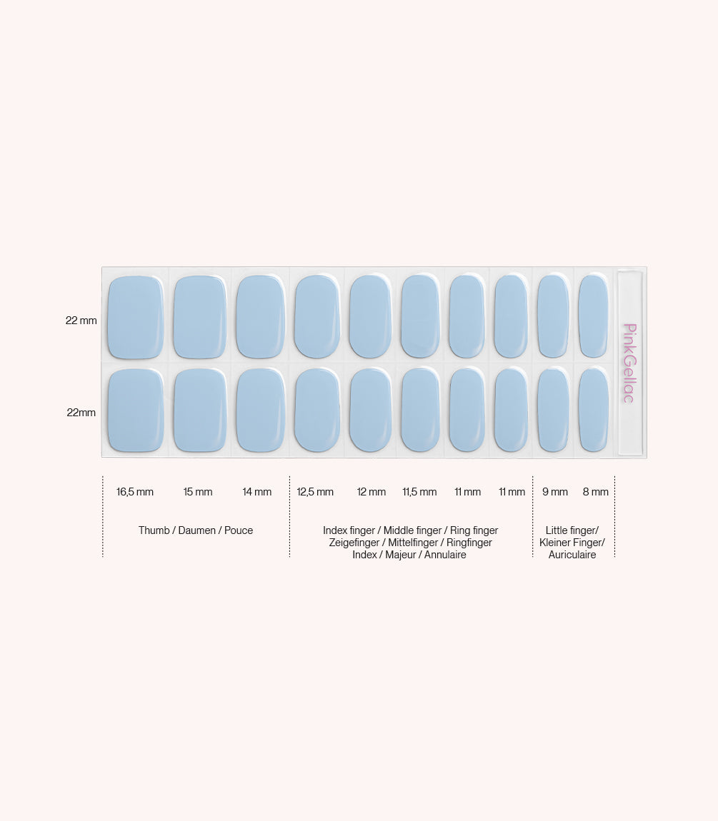 Pink Gellac 040 Powdery Blue gel nail stickers size guide with measurements per nail.