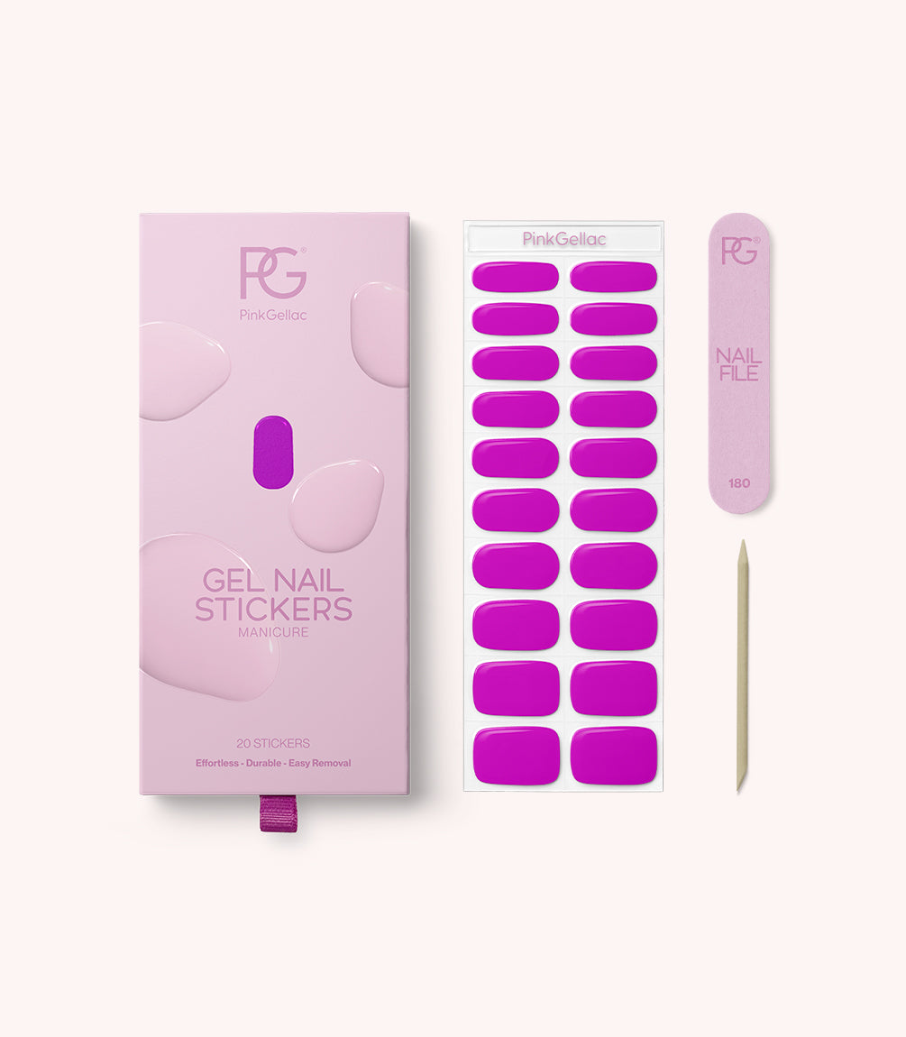 Pink Gellac 042 Vivid Violet gel nail stickers with sheet, nail file and cuticle stick.