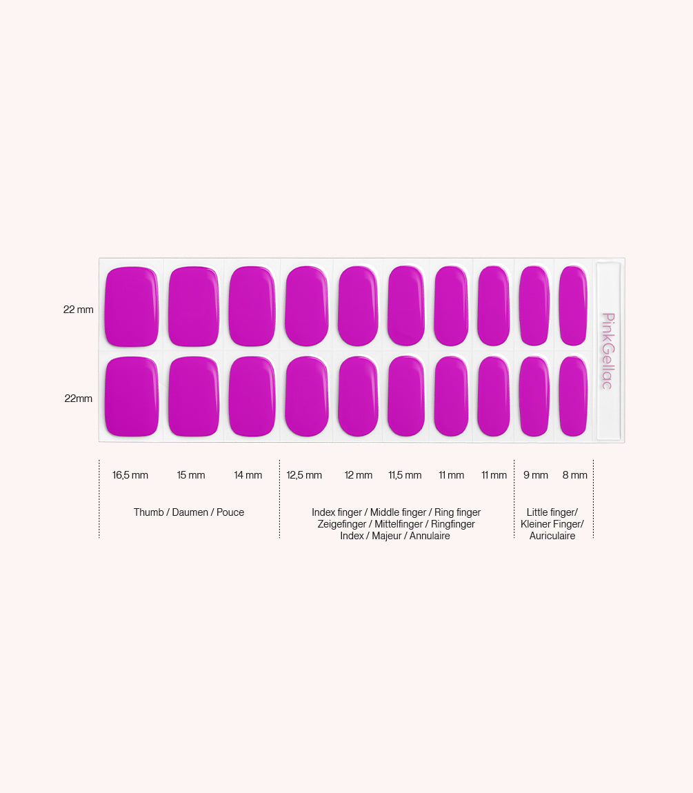 Pink Gellac 042 Vivid Violet gel nail stickers size guide with measurements per nail.