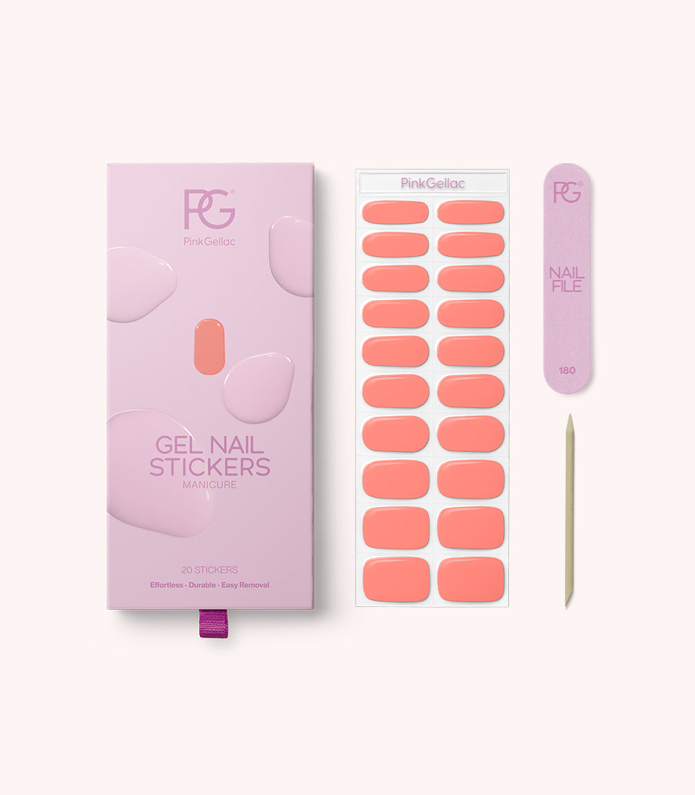Pink Gellac 043 Soft Apricot gel nail stickers with sheet, nail file and cuticle stick.