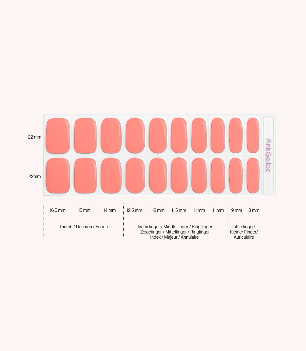 Pink Gellac 043 Soft Apricot gel nail stickers size guide with measurements per nail.
