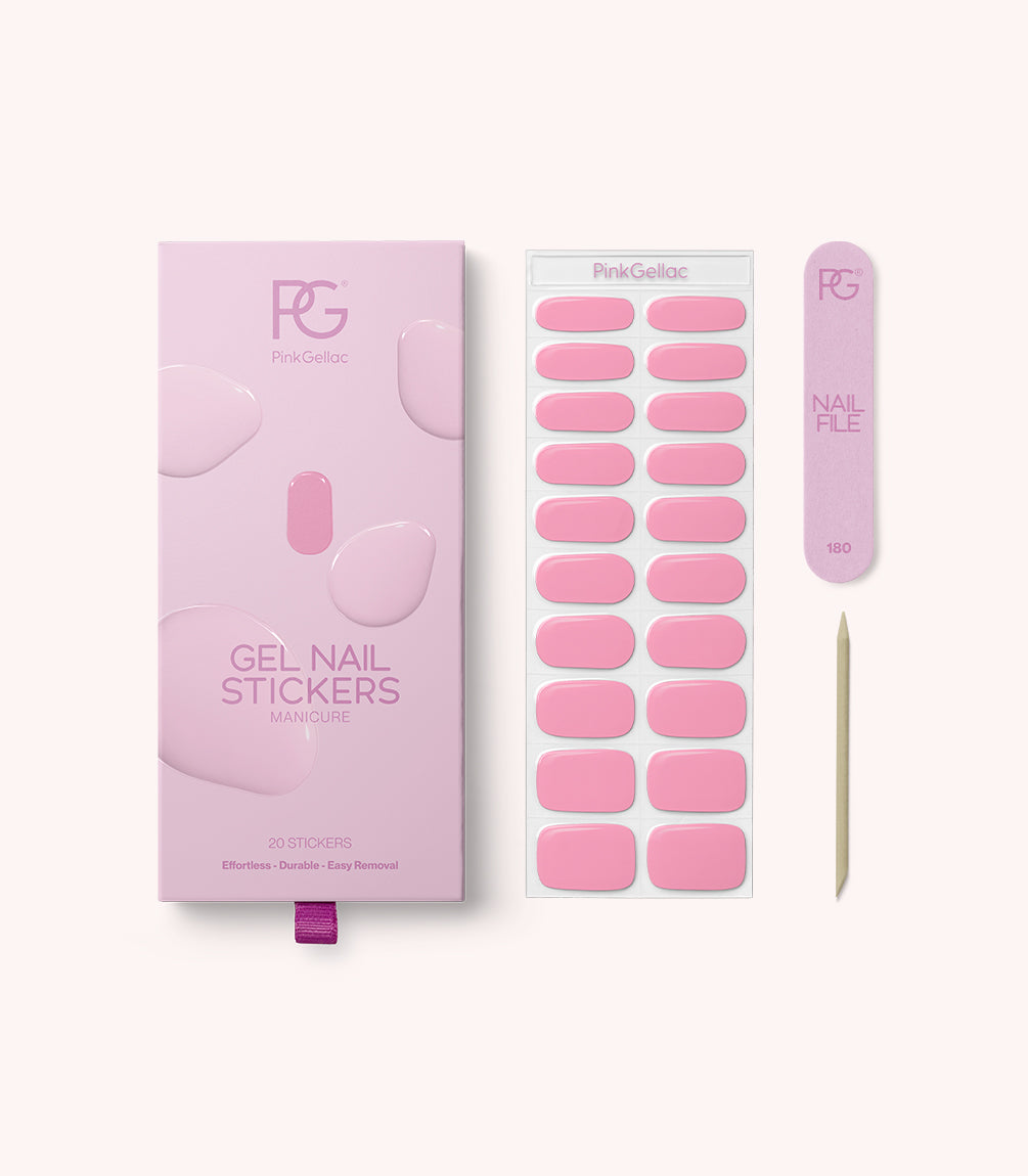 Pink Gellac 045 Poppy Pink gel nail stickers with sheet, nail file and cuticle stick.