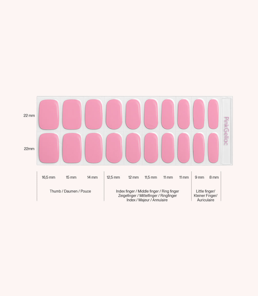 Pink Gellac 045 Poppy Pink gel nail stickers size guide with measurements per nail.