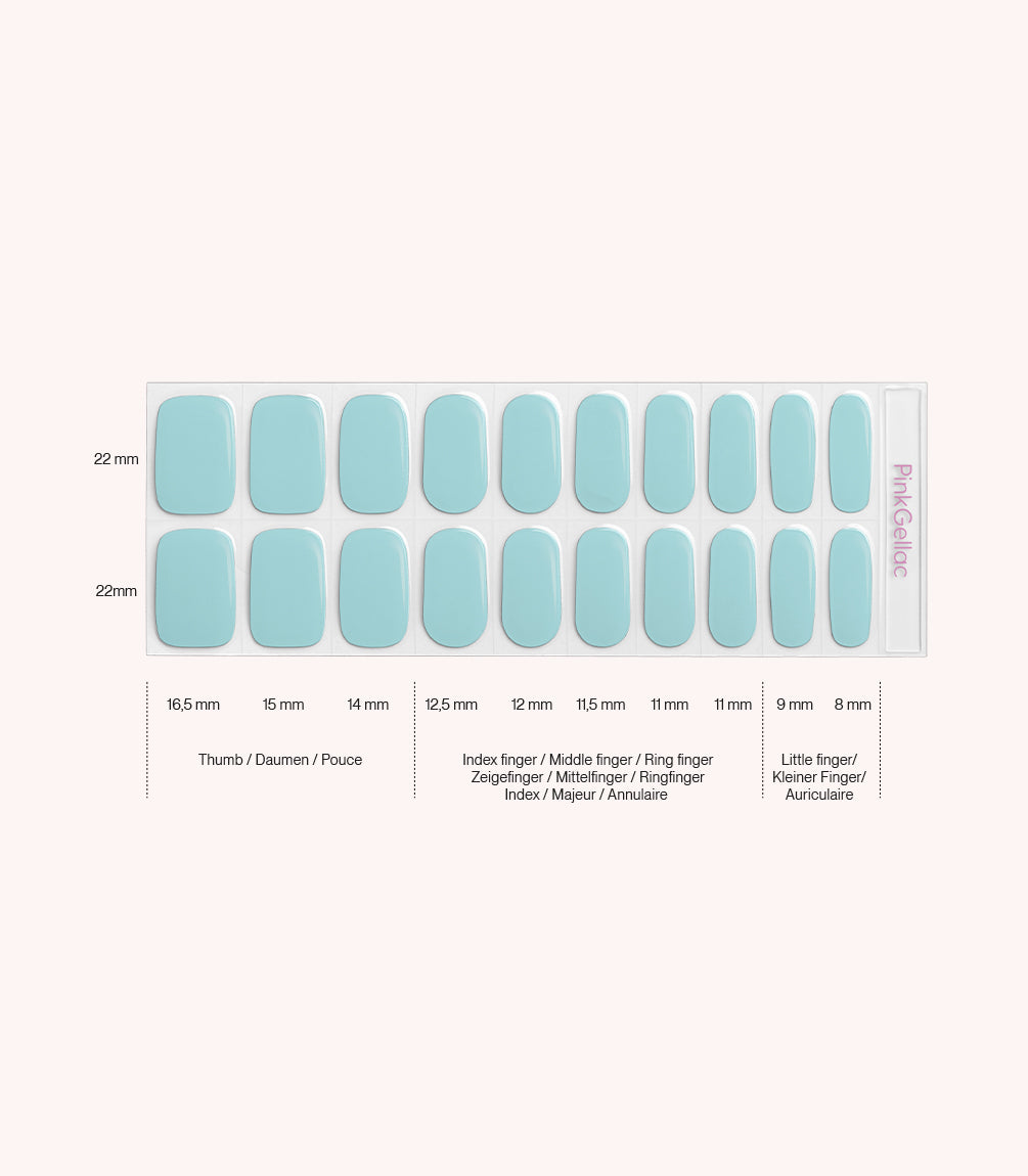 Pink Gellac 046 Aquatic Mint gel nail stickers size guide with measurements per nail.