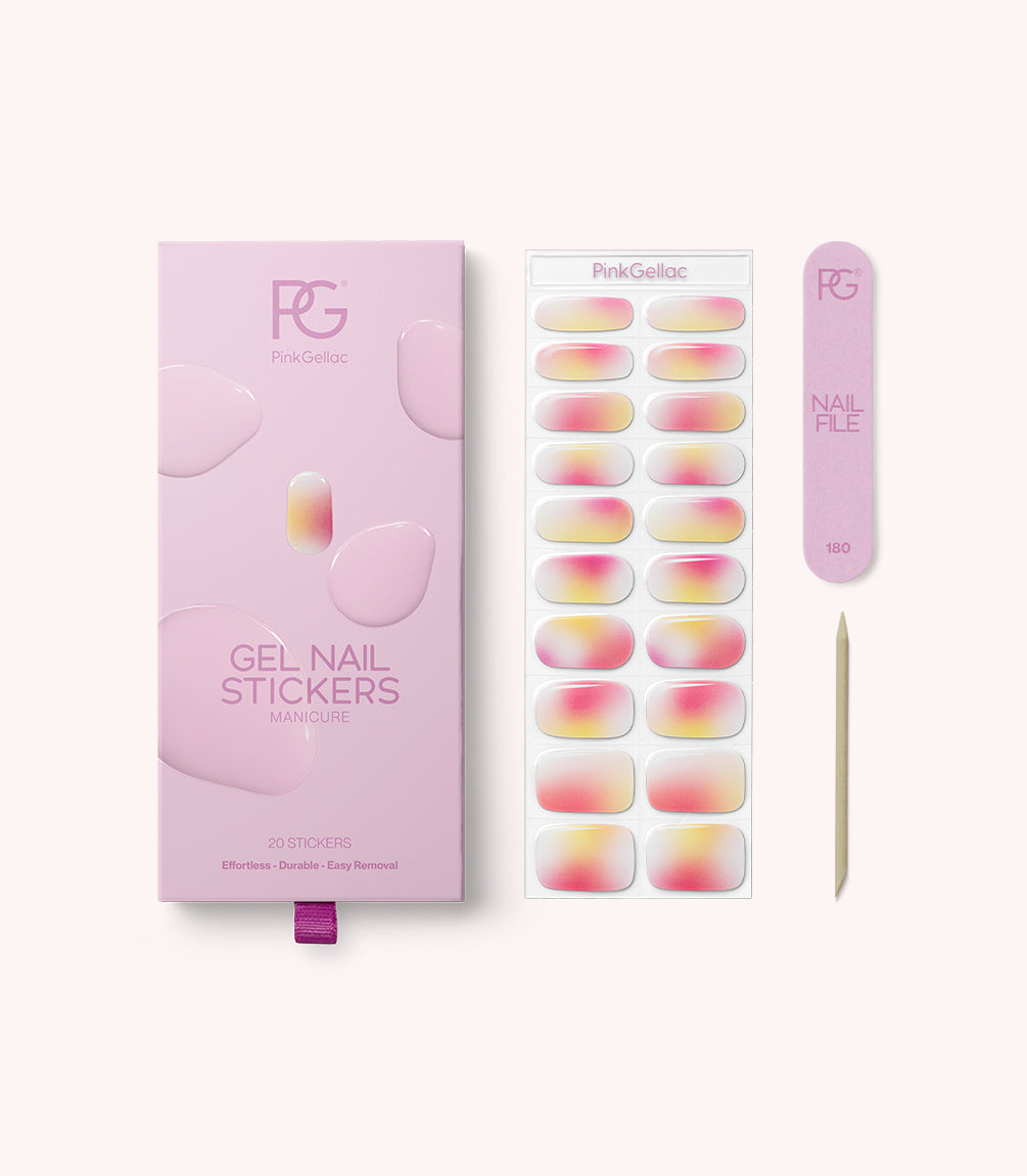 Pink Gellac 047 Soft Sunset gel nail stickers with sheet, nail file and cuticle stick.