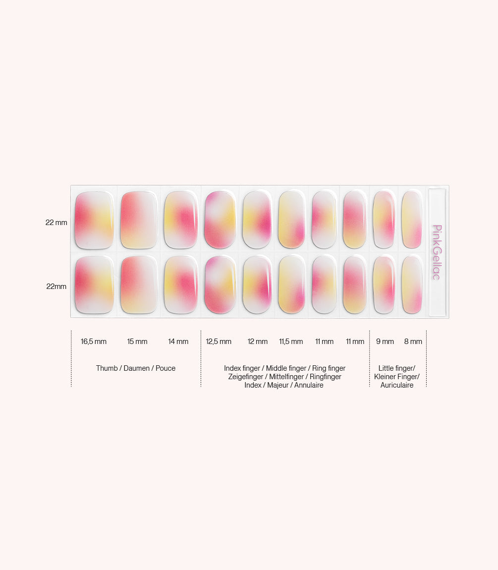 Pink Gellac 047 Soft Sunset gel nail stickers size guide with measurements per nail.