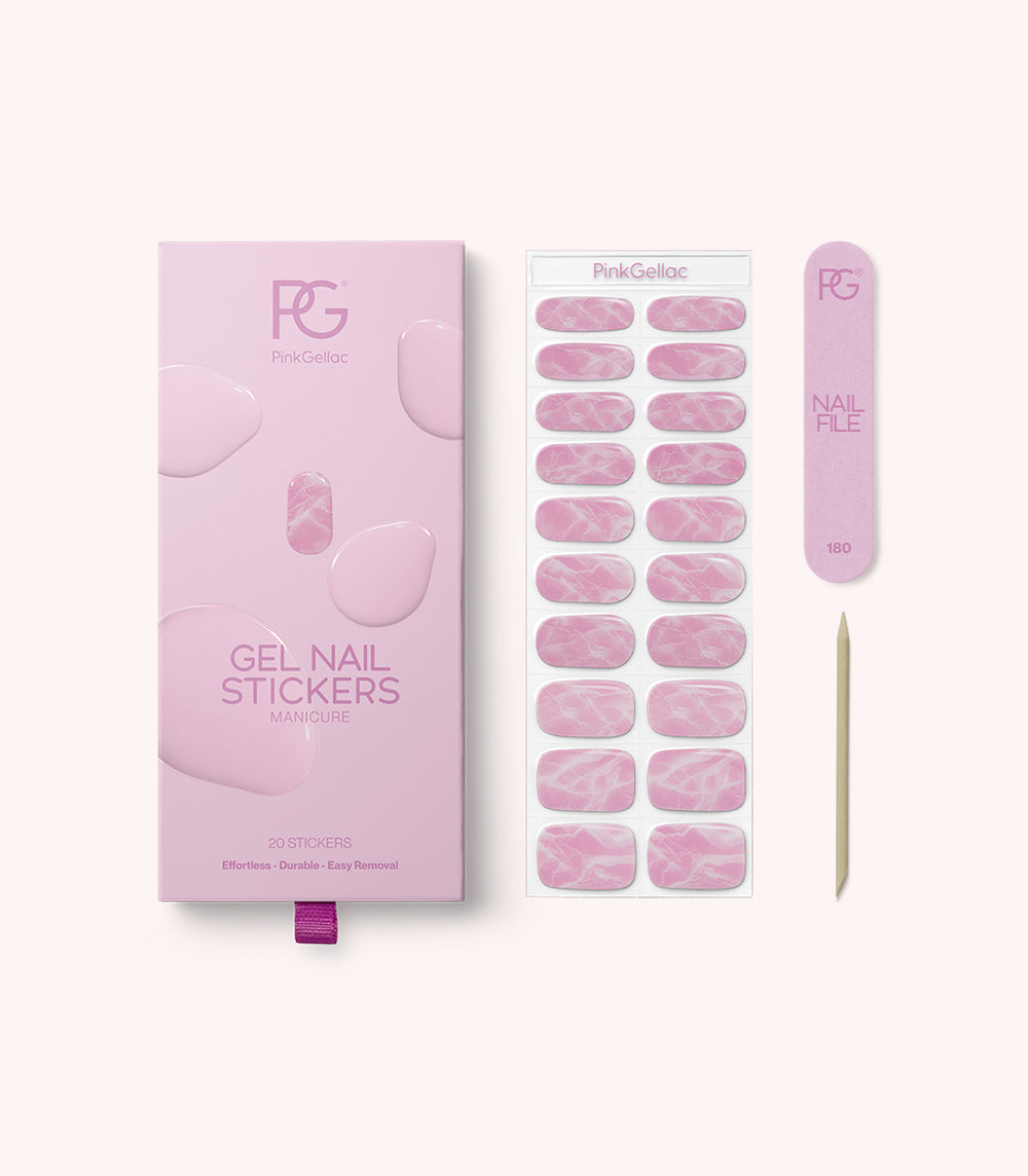 Pink Gellac 048 Marbled Pink gel nail stickers with sheet, nail file and cuticle stick.