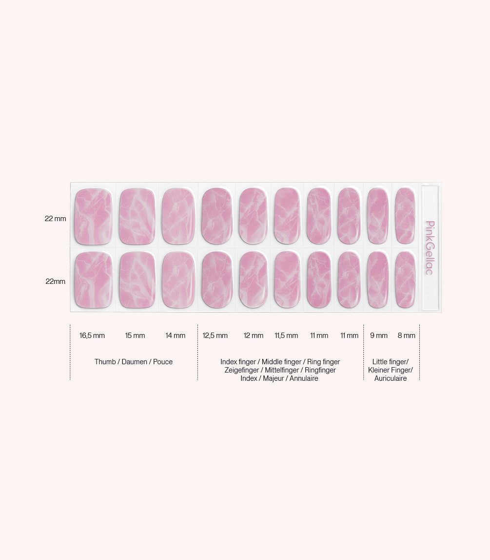 Pink Gellac 048 Marbled Pink gel nail stickers size guide with measurements per nail.