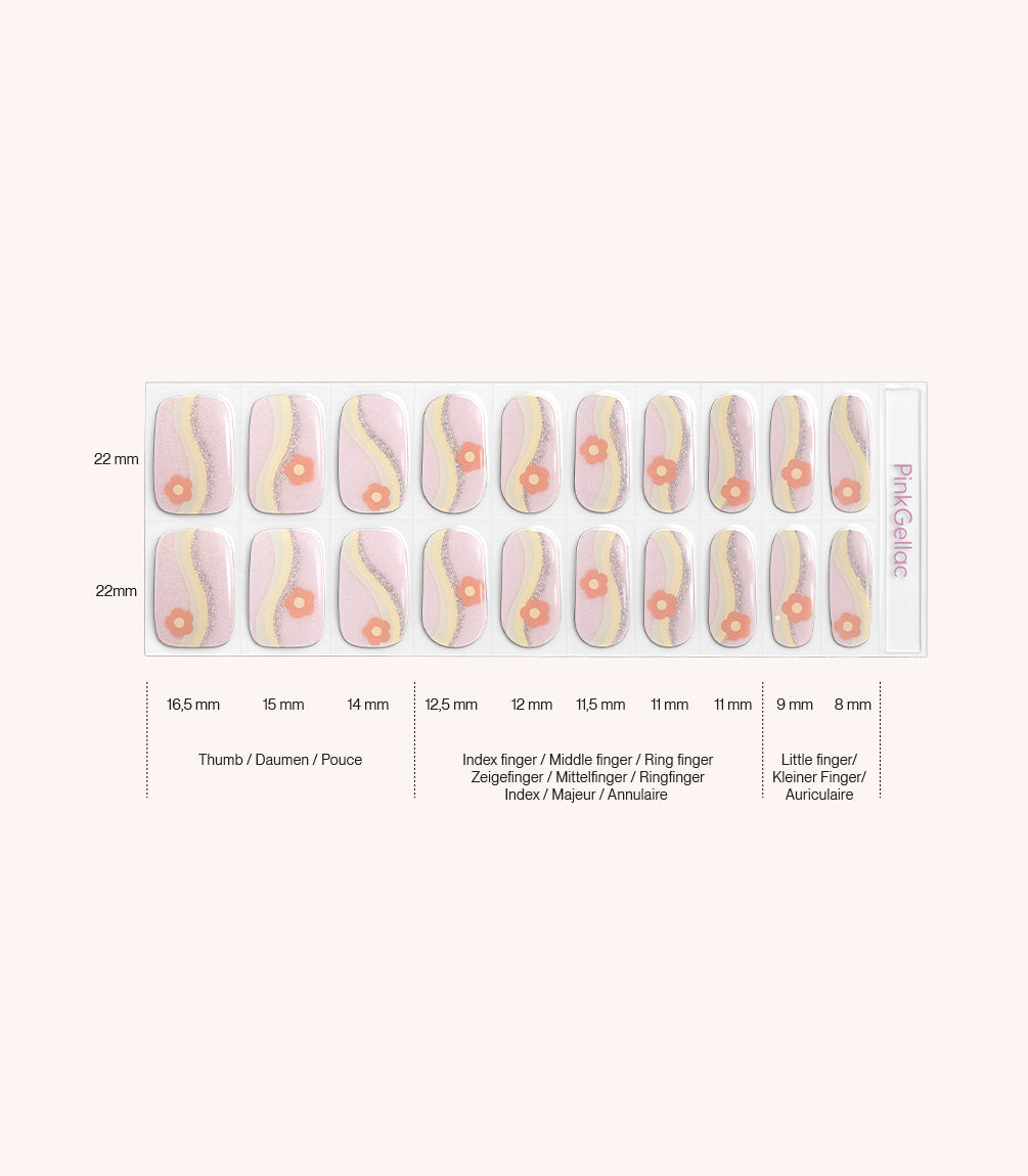 Pink Gellac 049 Blooming Meadows gel nail stickers size guide with measurements per nail.