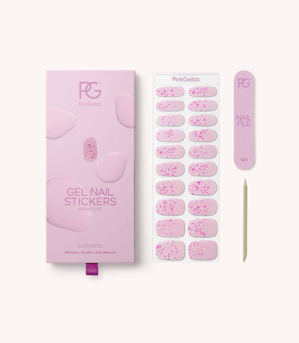 Pink Gellac 051 Blissful Bouquet gel nail stickers with sheet, nail file and cuticle stick.