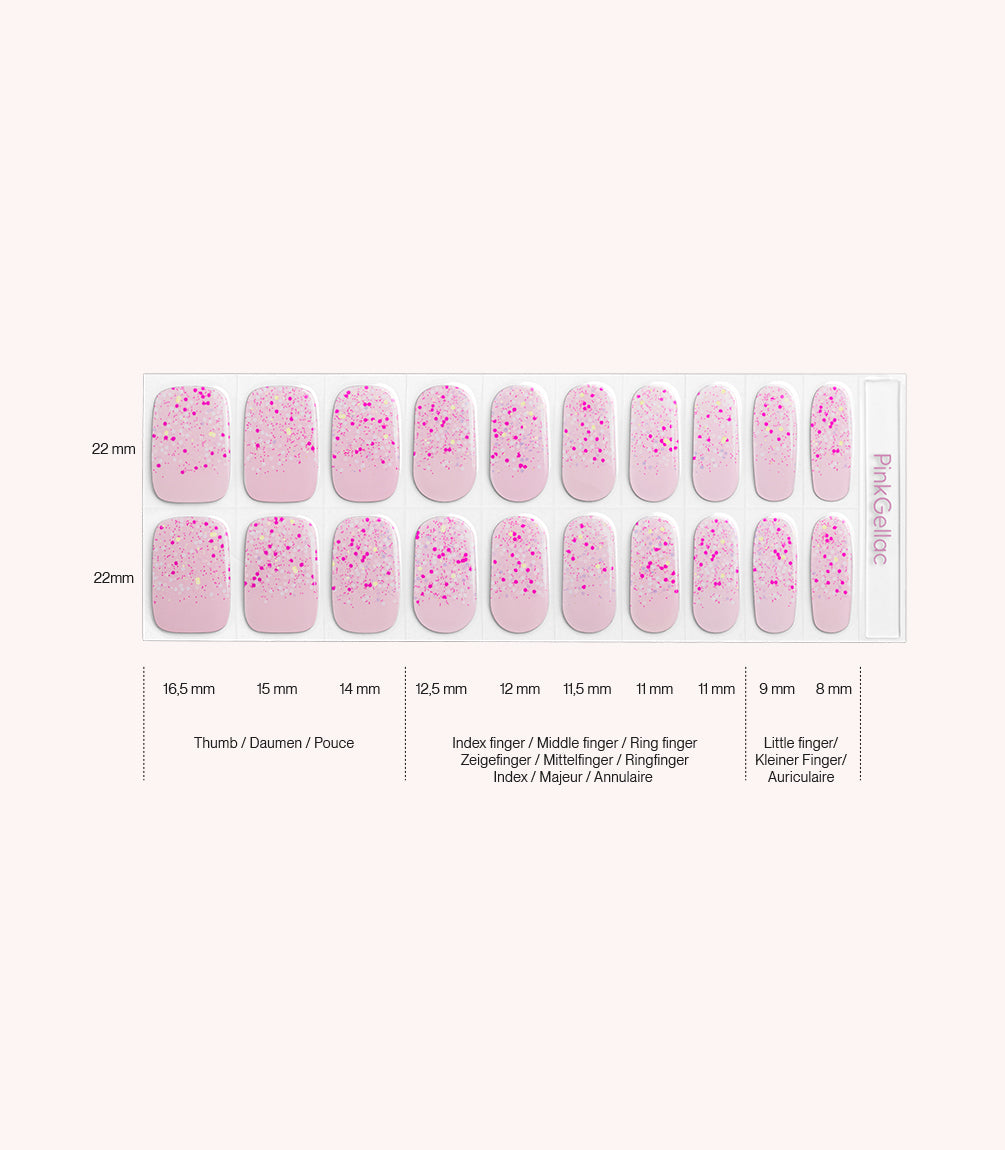 Pink Gellac 051 Blissful Bouquet gel nail stickers size guide with measurements per nail.