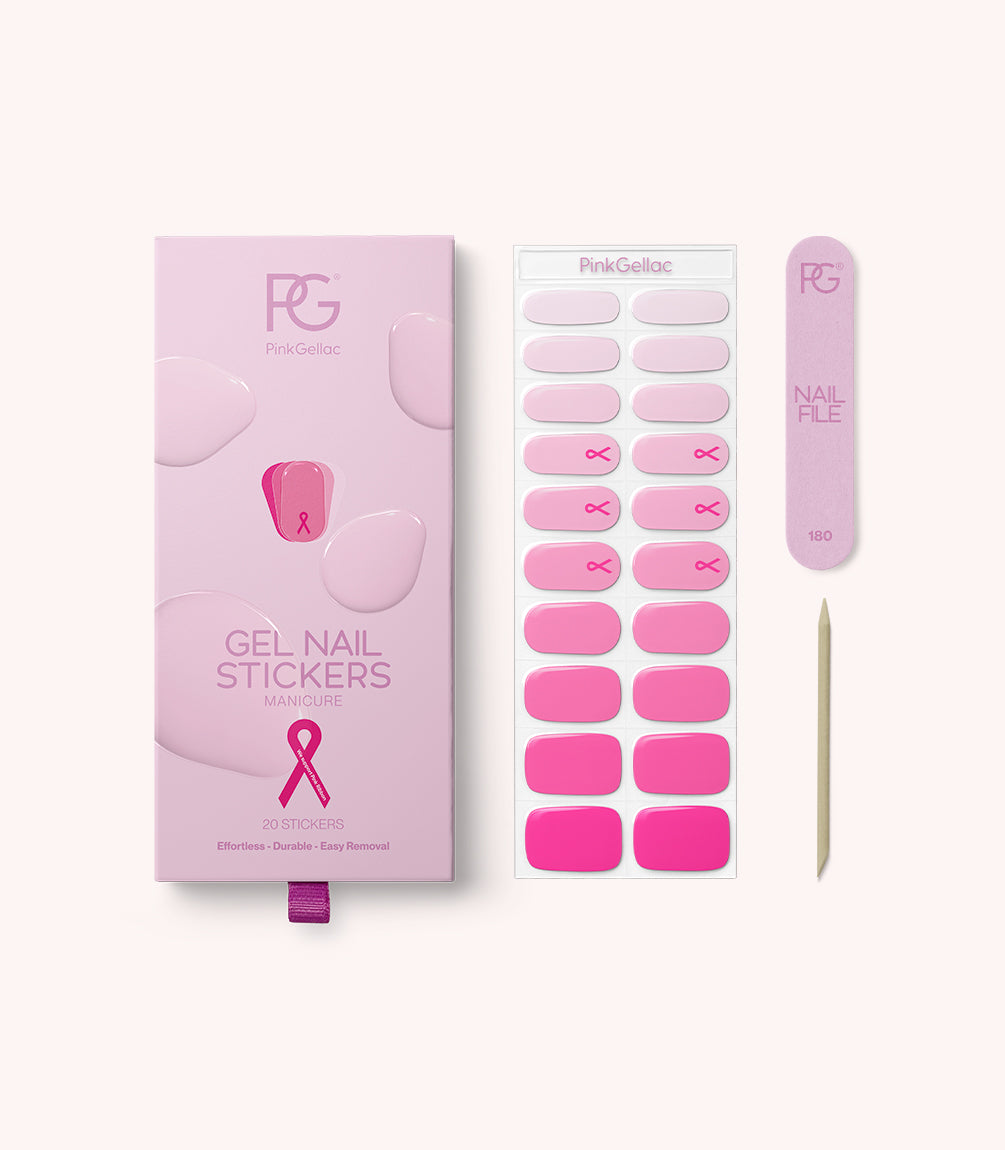 Pink Gellac 052 Blushed Ribbon gel nail stickers with sheet, nail file and cuticle stick.