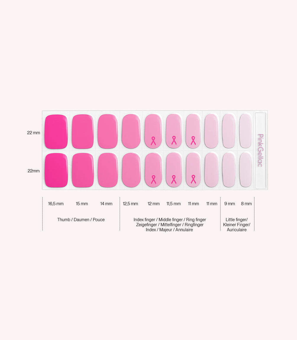 Pink Gellac 052 Blushed Ribbon gel nail stickers size guide with measurements per nail.