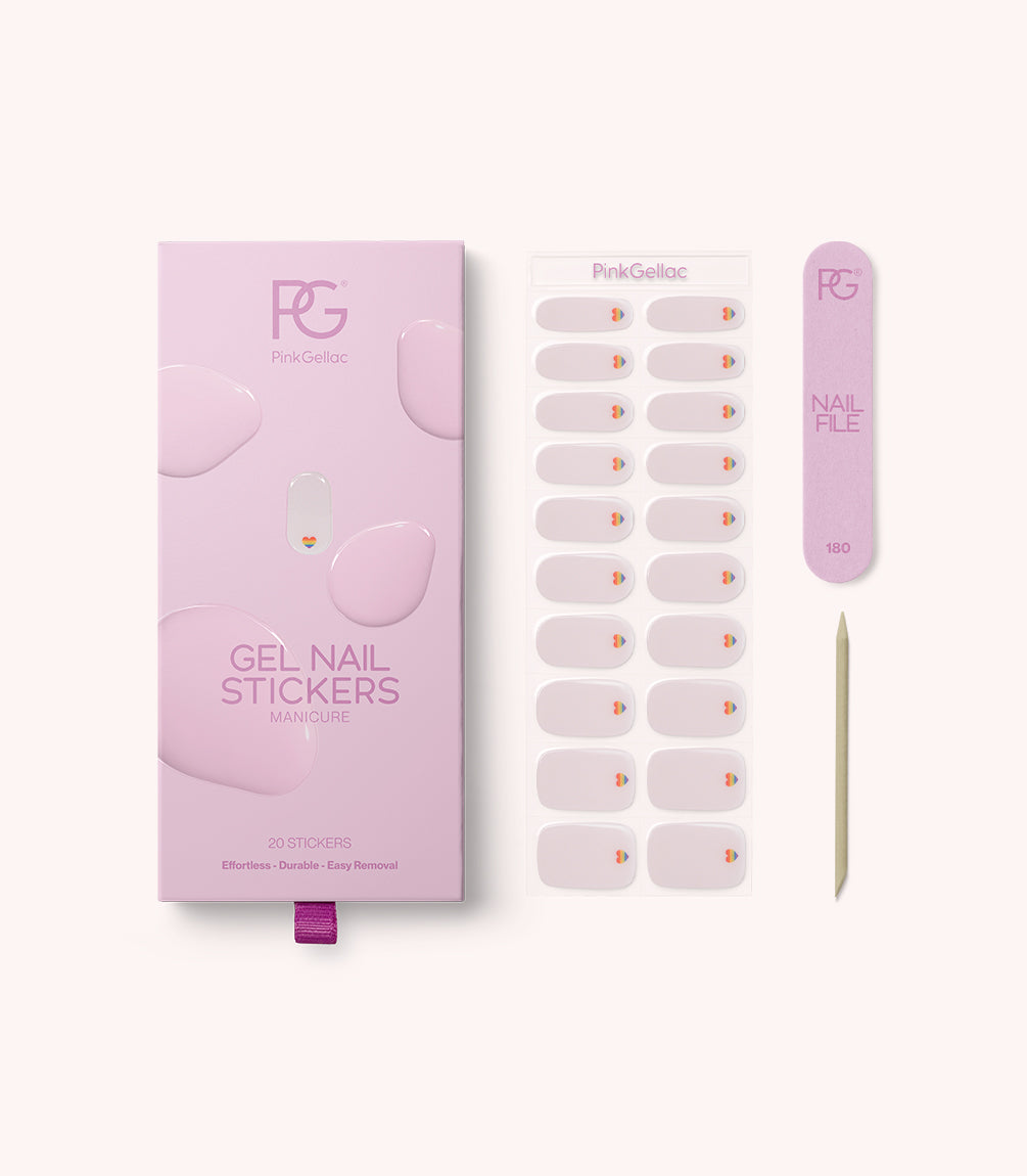 Pink Gellac 053 Chromatic Love gel nail stickers with sheet, nail file and cuticle stick.