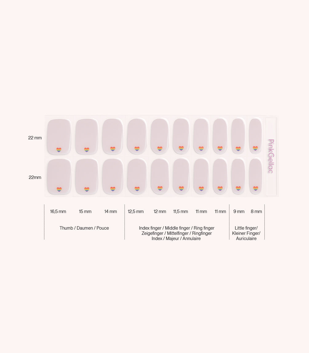 Pink Gellac 053 Chromatic Love gel nail stickers size guide with measurements per nail.