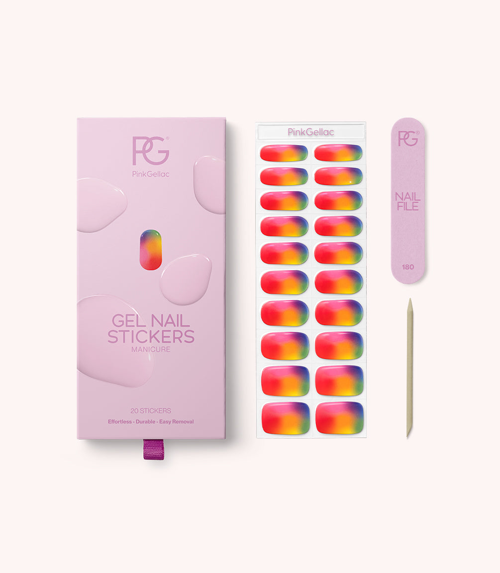 Pink Gellac 054 Rainbow Flow gel nail stickers with sheet, nail file and cuticle stick.