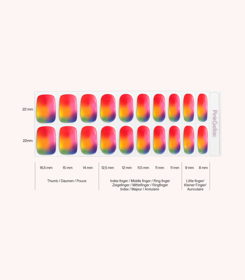 Pink Gellac 054 Rainbow Flow gel nail stickers size guide with measurements per nail.
