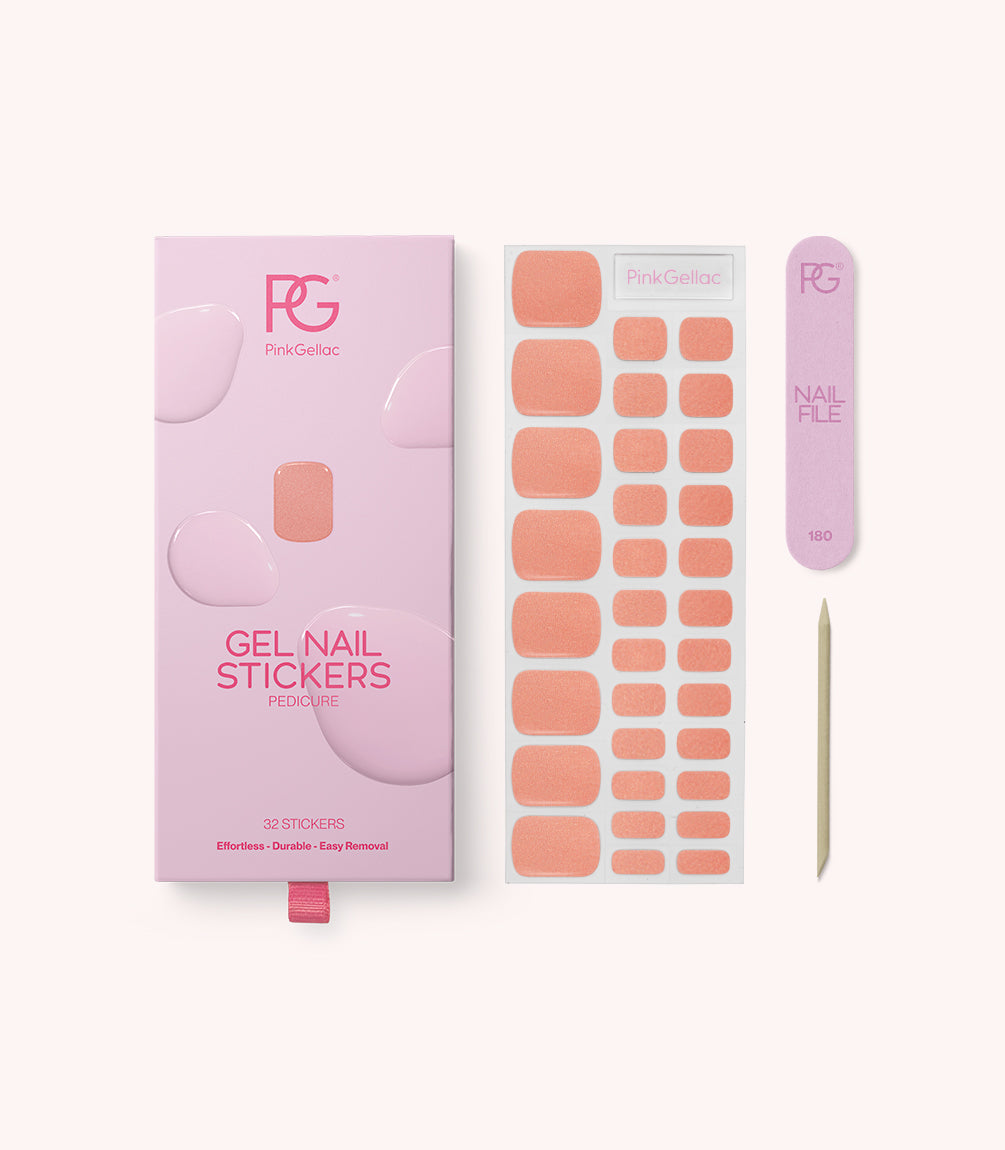 Pink Gellac Coastal Coral pedicure gel nail stickers with sheet, nail file and cuticle stick.