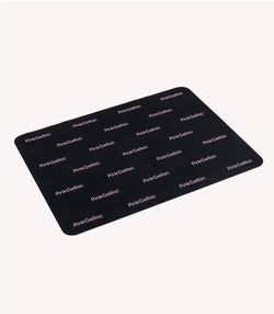 A black mat with repeated "Pink Gellac" logo in white letters against a white background.