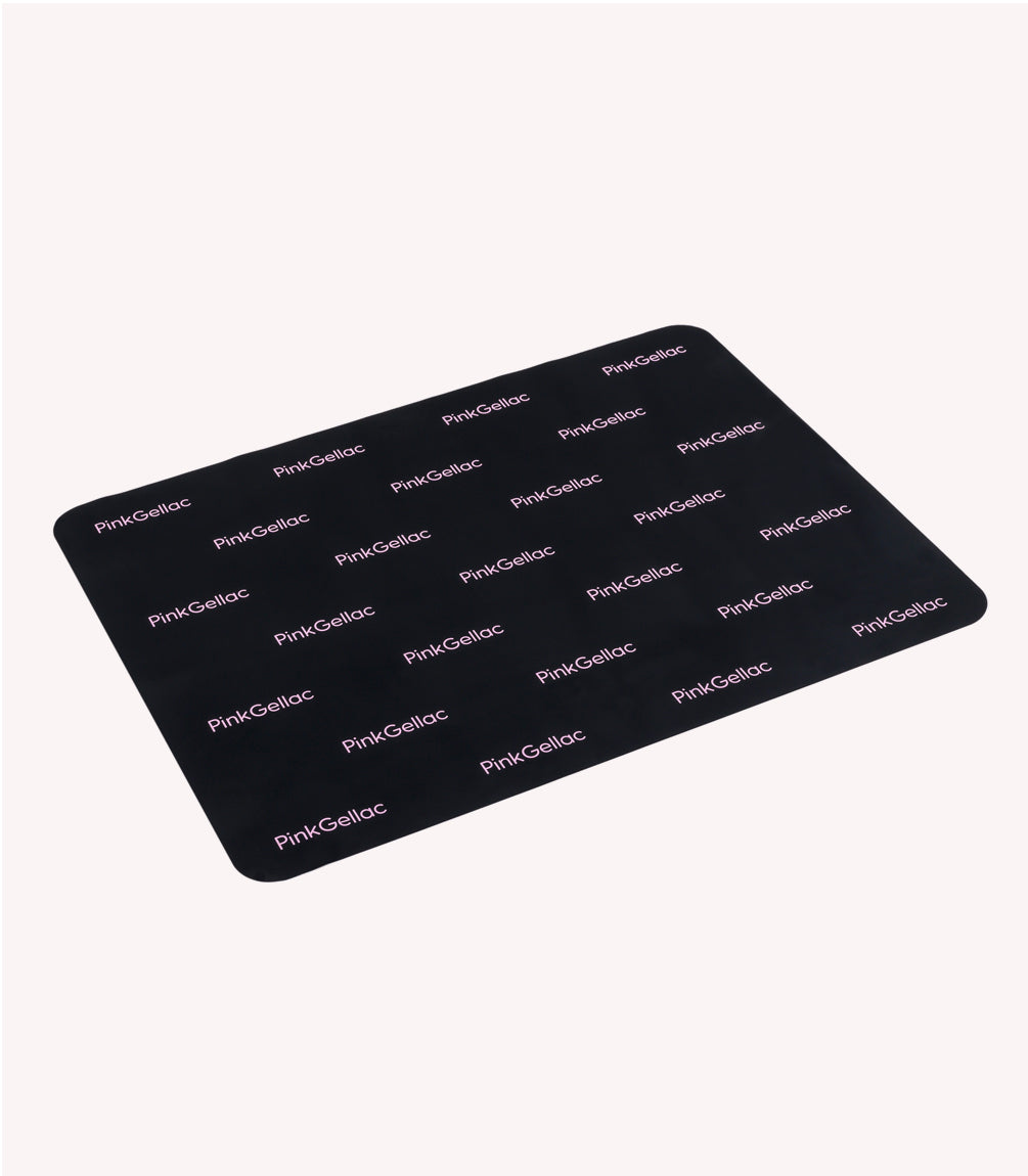 A black mat with repeated "Pink Gellac" logo in white letters against a white background.