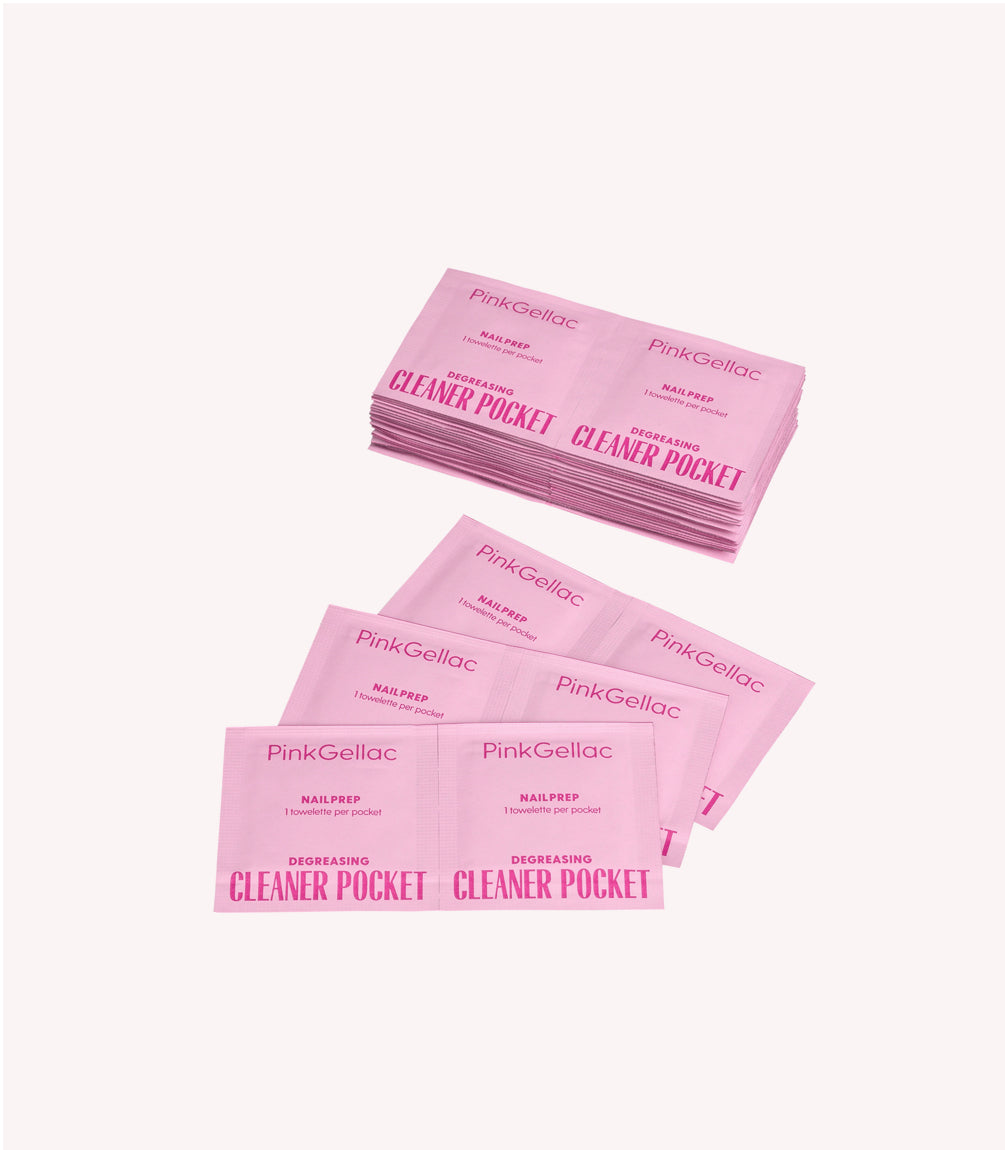 Piles of pink bags with the text "Pink Gellac Nail Prep Degreasing Cleaner Pocket".