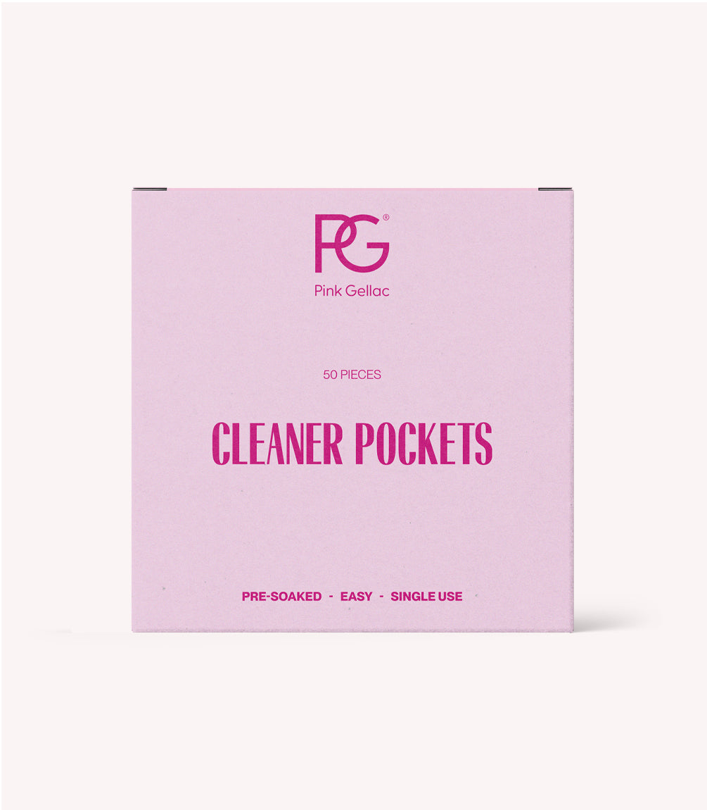 A pink box with the brand "Pink Gellac" and the text "Cleaner Pockets, 50 pieces, Pre-soaked, Easy, Single Use" in purple letters.