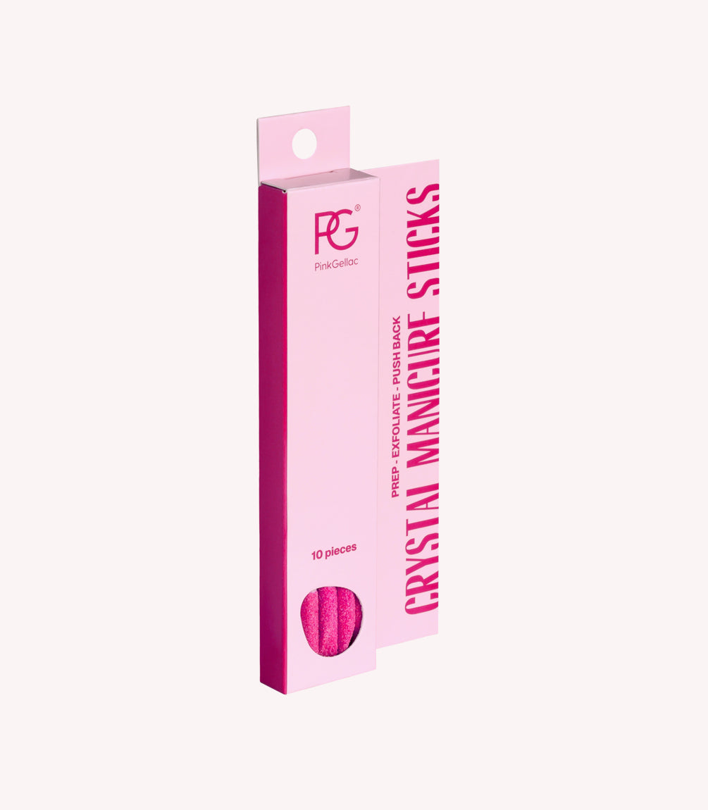 Pink packaging of Pink Gellac Crystal Manicure Sticks with 10 pieces, on a light background.
