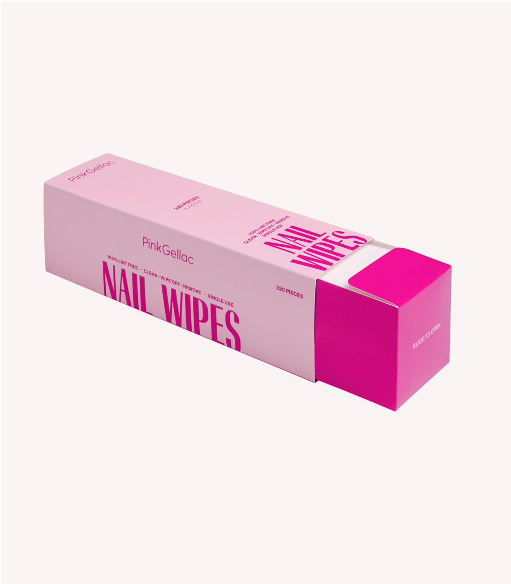 Pink packaging of Pink Gellac nail wipes, with inscription "Nail Wipes" and 325 pieces.