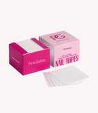 Two pink boxes of Pink Gellac, one©©open and the other closed, with some white nail cleaning wipes from it.