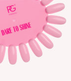 Pink color swatch with the text "DARE TO SHINE" and oval nail examples.