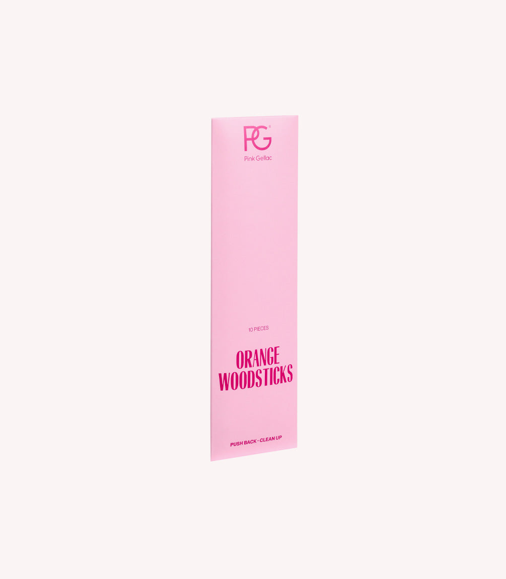 Pink packaging from Pink Gellac with the text "Orange Woodsticks" and "10 pieces".