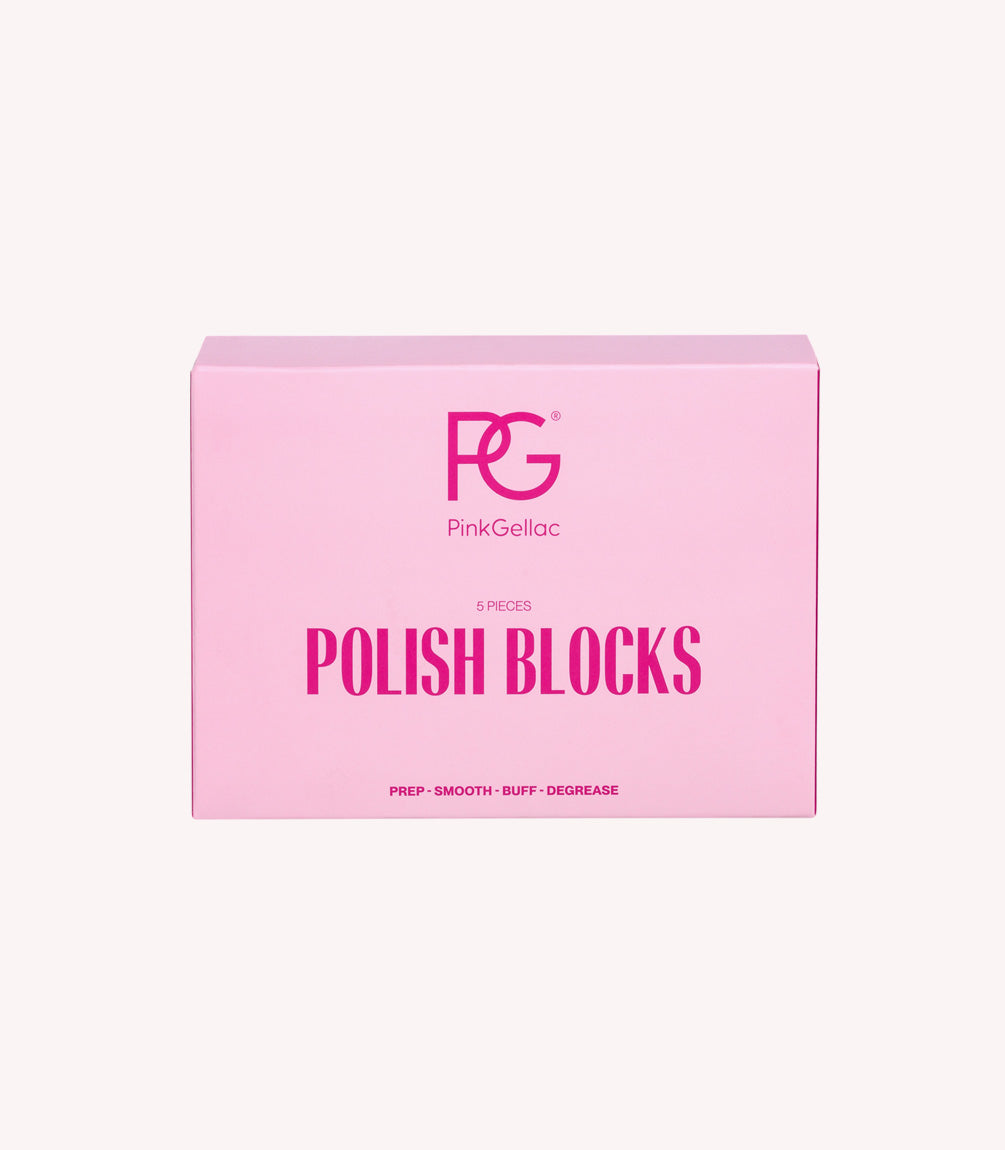 Pink Gellac nail polishing block in use.