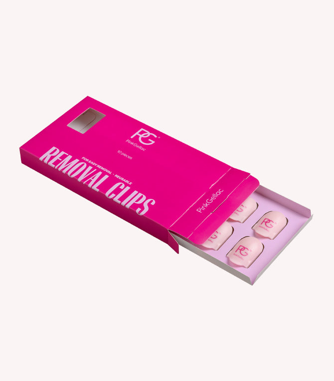 Pink box with the text "Removal Clips" and a partially opened drawer with pink clips, each printed with the "PG" logo.