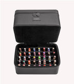 Black storage bag with various gel nail polishes in a grid, seen from above.