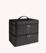 Black storage bag with two compartments, double zippers and a handle at the top.
