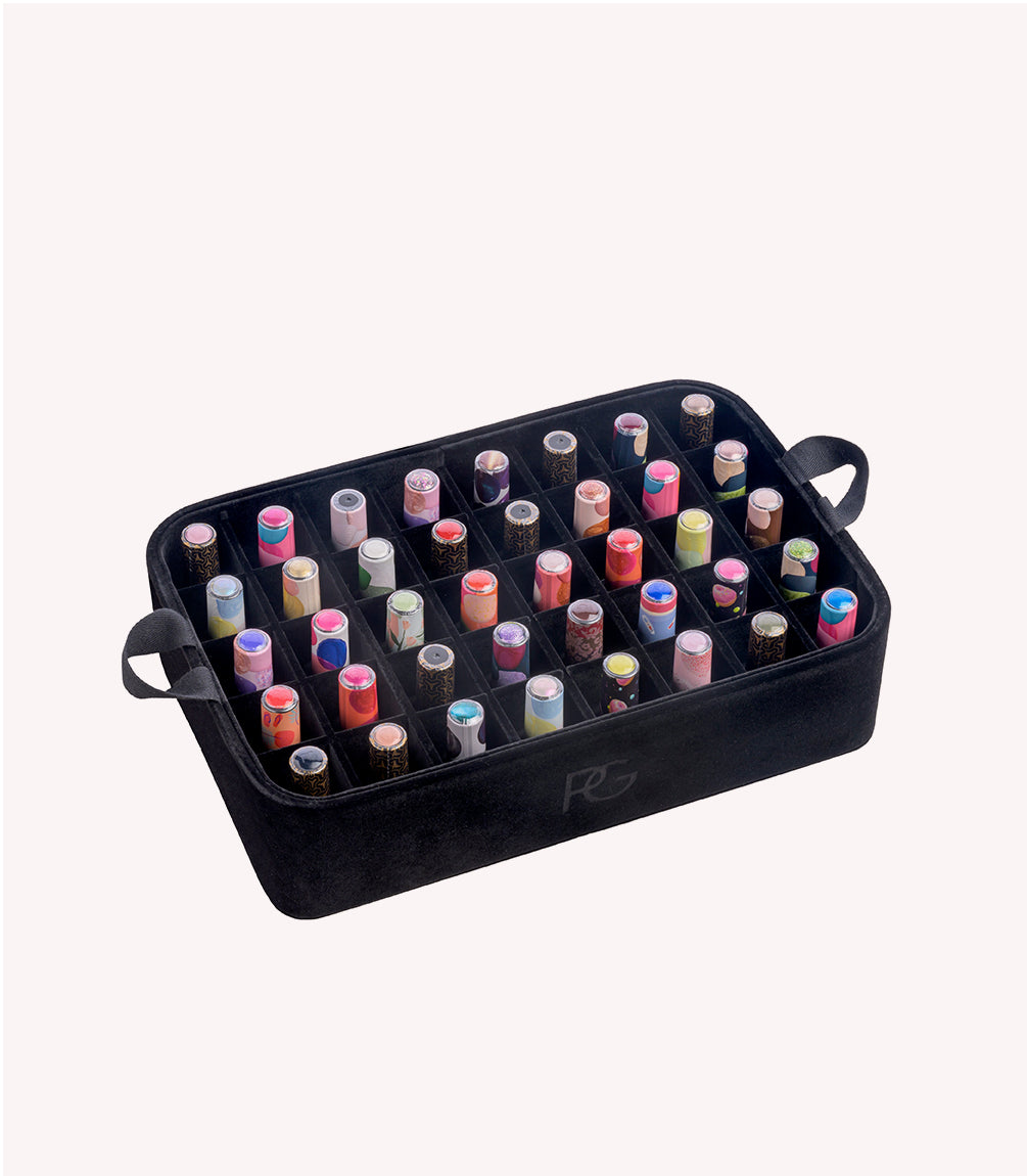 Pink Gellac Premium Storage Case Organiser shown open with nail products inside.