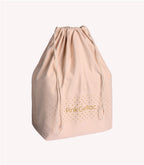 Beige fabric bag with drawstring and the "Pink Gellac" logo printed in gold-colored text with small stars around it.