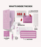 Pink Gellac 109 Lipstick Red press-on nails kit contents with nails, glue, file and tools.