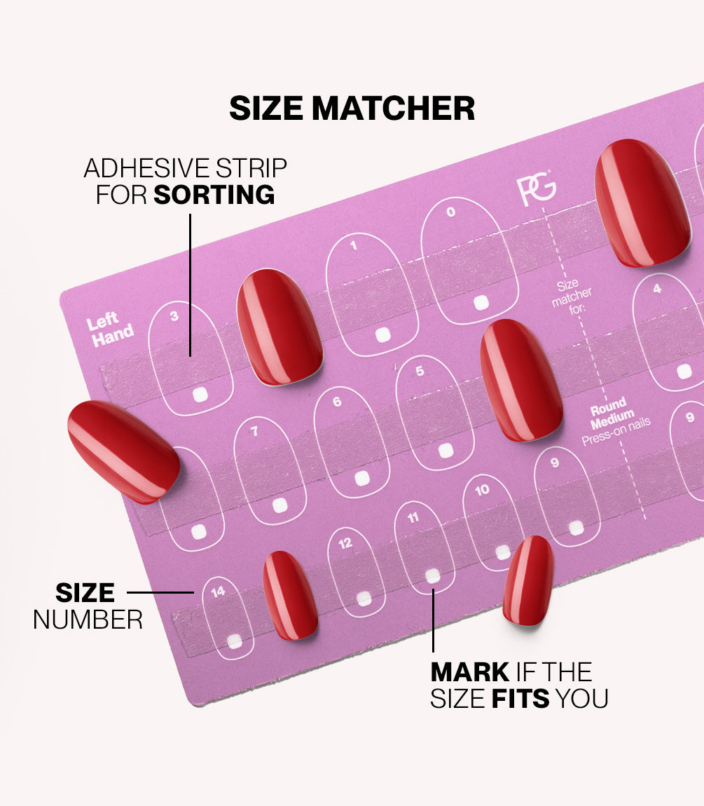 Pink Gellac press-on nails size matcher chart for measuring your nail size.