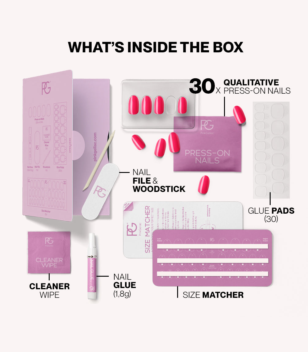 Pink Gellac 161 Ibiza Pink press-on nails kit contents with nails, glue, file and tools.