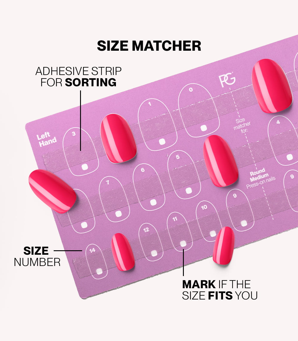 Pink Gellac press-on nails size matcher chart for measuring your nail size.